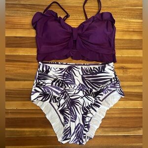 New Two Piece Ruffle Trim Bikini Swimsuit, NBW, Size 12 (0XL)High Waisted Bottom